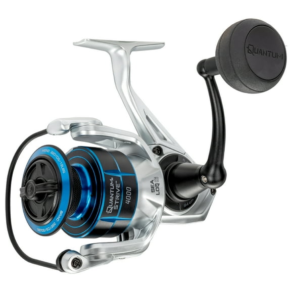 Quantum Strive Spinning Fishing Reel, Size 4000 Reel, 4 1 Bearings, 6.2:1 Gear Ratio, Rigid Aluminum Frame, Graphite Rotor, Sealed Design, CFX200 Carbon Fiber Xtreme Drag, Silver/Blue