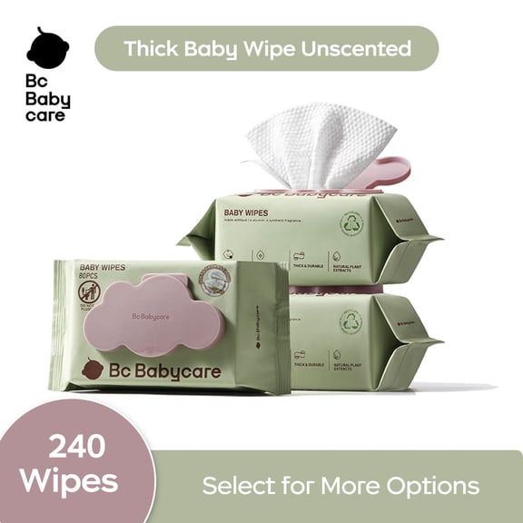 Bc Babycare Sensitive Baby Wipes Unscented, XL Extra Thick,Hypoallergenic,99% Water,240 Wipes,3 Refill Packs