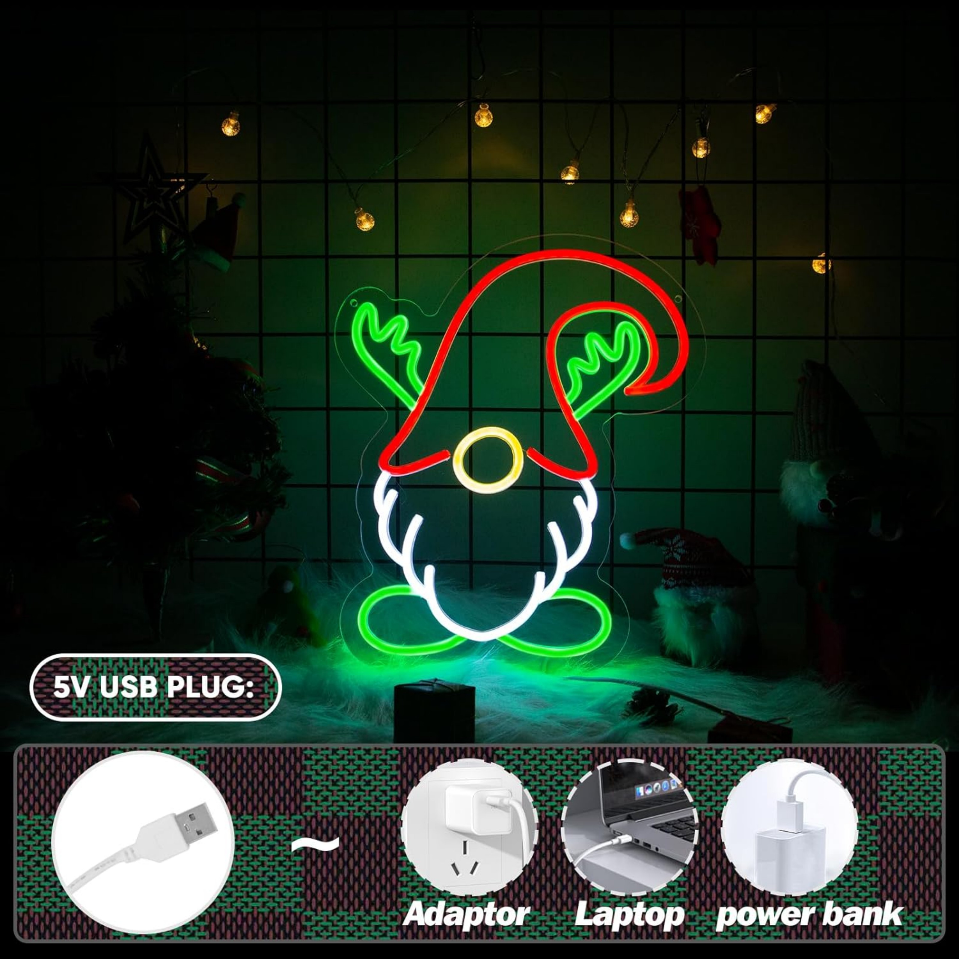 UPONRAY Christmas Gnome Neon Signs, 15"*12.3" Dimmable & USB-Powered LED Neon Light, Stylish Wall Decor for Christmas Tree, Bed Room, Living Room, Party, Bar