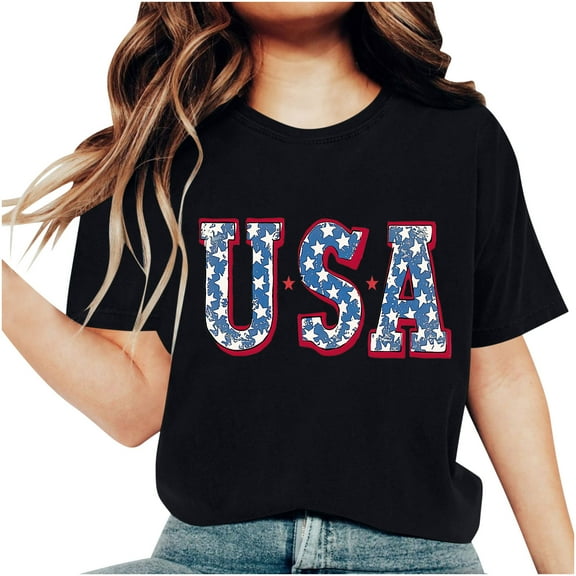 Lovskoo Women's Summer Tops Trendy Independence Day Printed Short Sleeved Round Neck Plain Basic Tee T-Shirt Top Black