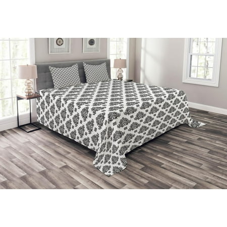 Natures Damask - Damask Bedspread Set, Monochrome Abstract Shapes with Nature Inspirations Traditional Symmetrical Motifs, Decorative Quilted Coverlet Set with Pillow Shams Included, Black White, by Ambesonne