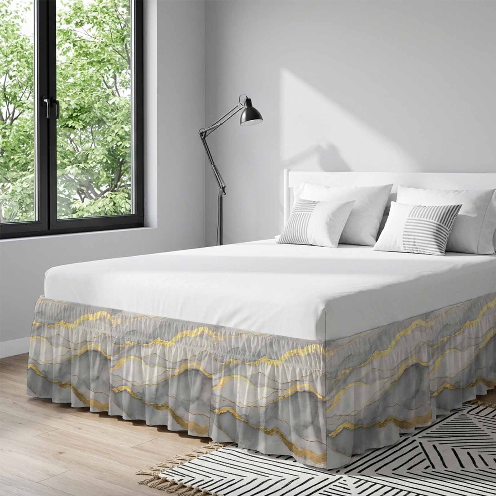 Marble Grey Bed Skirt Queen Size, Modern Gold Luxury Neutral Texture Wrap Around Bed Skirting with Adjustable Elastic Strap, Dust Ruffle Pleated Bedskirts 16 Inch Drop for Bedroom Queen Beds