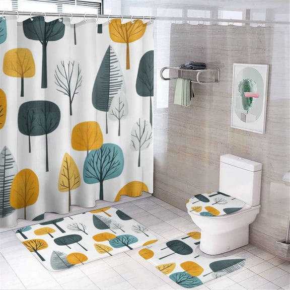 4 Pcs Shower Curtain Sets with Rugs Include Waterproof Shower Curtain Non-Slip Rug Toilet Lid Cover Bath Mat Scandinavian-style Trees Bath Curtain Graphic Nature Design