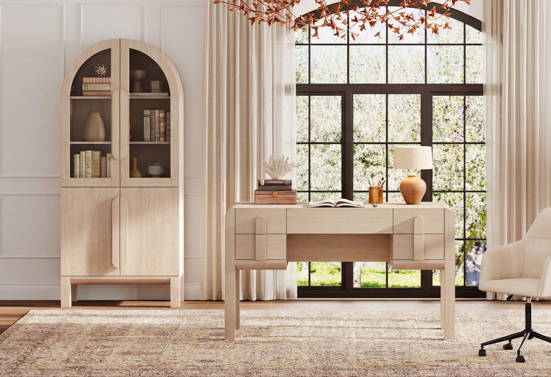 2 Piece Office Set, 53.5" Modern Executive Desk with Charging Station and Drawers & 71"H Tall 5-Tier Arched Bookcases with Glass Door for Living Room, Bedroom, Home Office