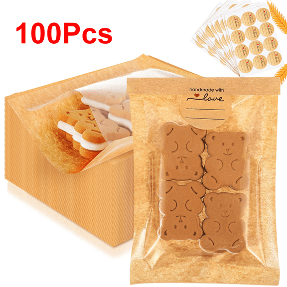 100Pcs Cookie Packaging Bags with Seal, 7.1 x 7.5 Inch Bakery Pastry Bags, Heat Sealable Grease Resistant Paper to Go Bake Sleeves for Donut Bread Sandwich