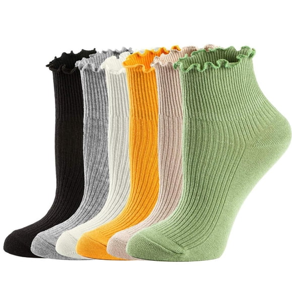 cfhntfmh Lot de 6 Chaussettes à Volants pour Femmes Chaussettes en Coton Antidérapantes Chaussettes Invisibles Chaussettes Basses Décontractées Douces et Confortables