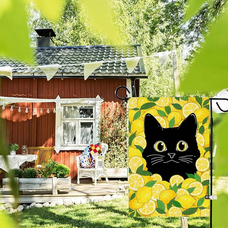 Summer Funny Black Cat Garden Flag Double Sided Summer Lemon Fruit Welcome Small Yard Flag Burlap Seasonal Farmhouse Outside Outdoor Decoration