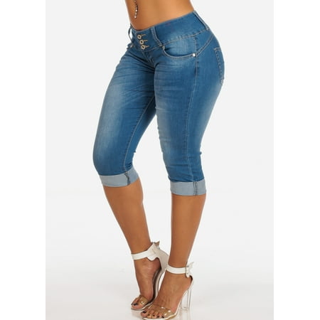 - Womens Juniors Women's Junior Summer 3 Button Stylish Stretchy Med Wash Booty Lifting Levanta Cola Cuffed Denim Capri 10974W