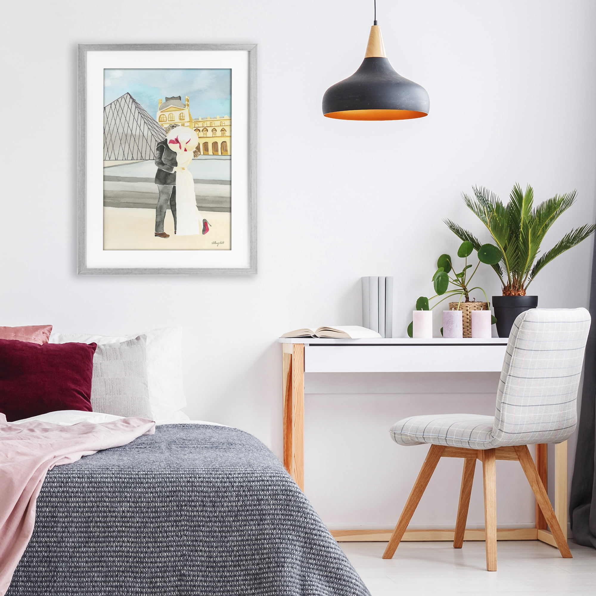 Stupell Industries Couple Embrace At The Louvre Gray Framed Print Under Glass, design by Hillary Holt