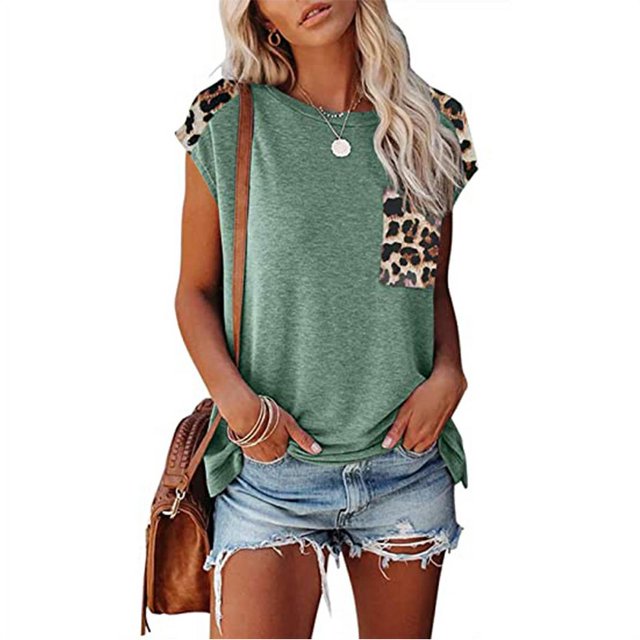 Nouveau T-shirt à Manches Reglan pour Femmes Blouse de Poche à Imprimé Léopard à Col Rond