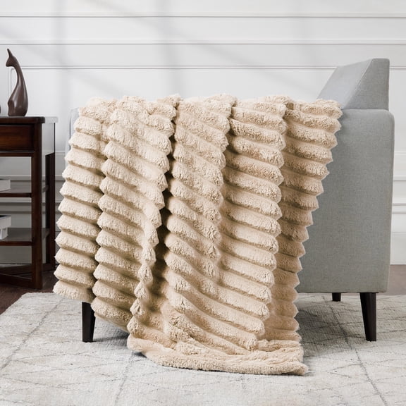 CBCHome Jumbo Velvet Plush Wide Ribbed Throw Blanket - Super Soft, Warm, Cozy Fluffy Throw for Couch, Bed, Sofa - All Season Décor (Moonbeam, 50" x 60")