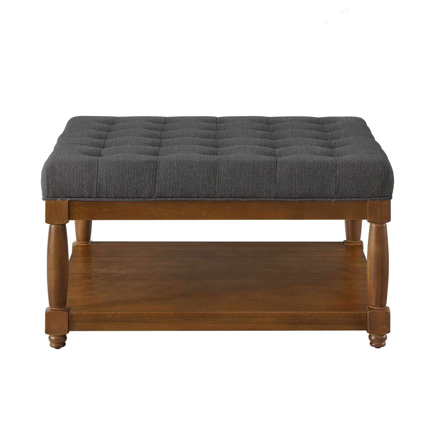 Large Square Tufted Linen Ottoman Coffee Table, Upholstered Footrest with Solid Wood Storage Shelf, Charcoal Living Room Center Table
