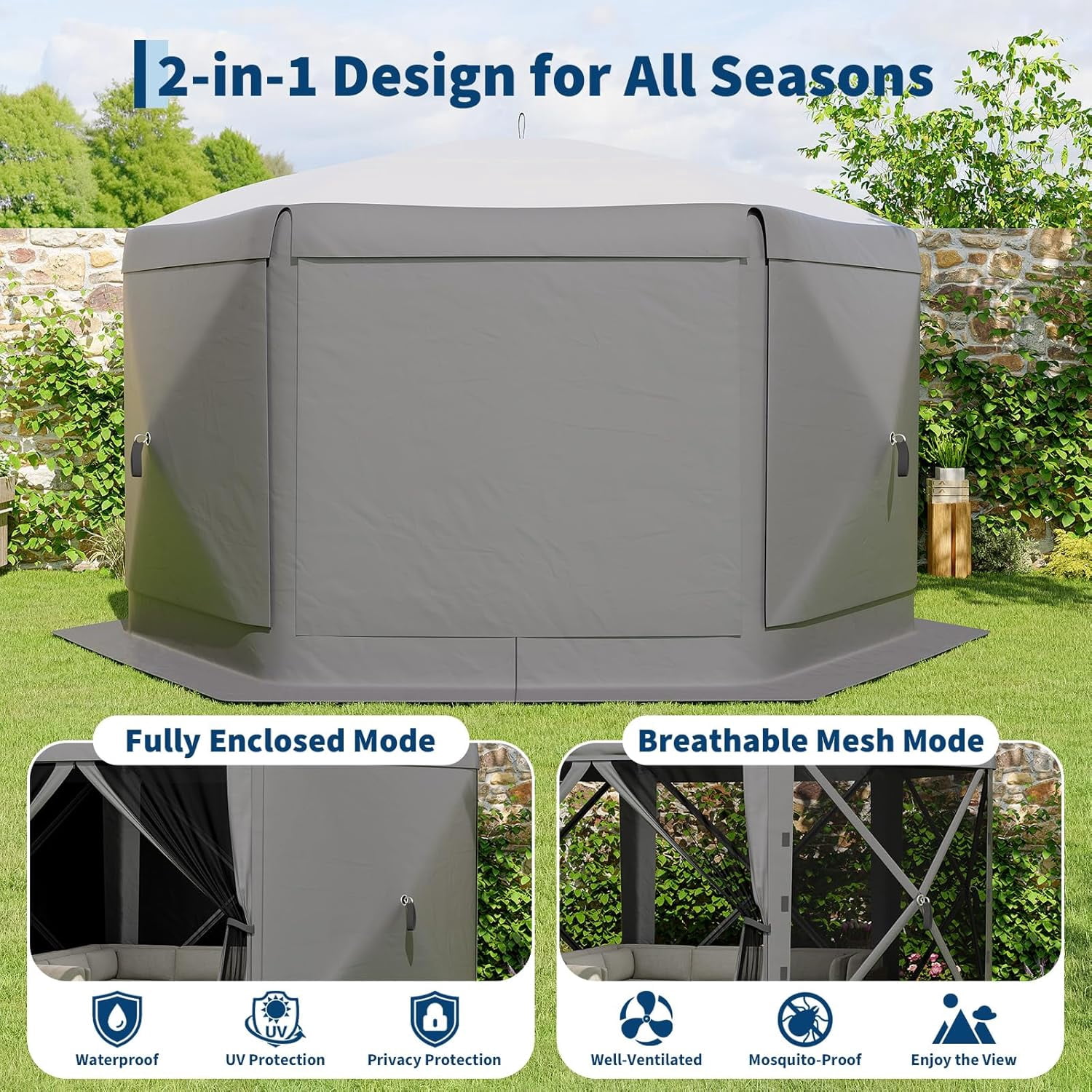 Memoryfield 1.5FT 6-Sided Pop-Up Gazebo Tent, One-Push Setup Canopy with Mesh Panels & Removable Wind Covers, Outdoor Shelter for Camping, Backyard & Events, Gray