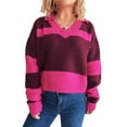thumbnail image 3 of Chandail d'Automne pour Femmes à Col en V, Manches Longues, à Blocs de Couleur, Décontracté, Ample, Rayé, Rose Rouge m, 3 of 10
