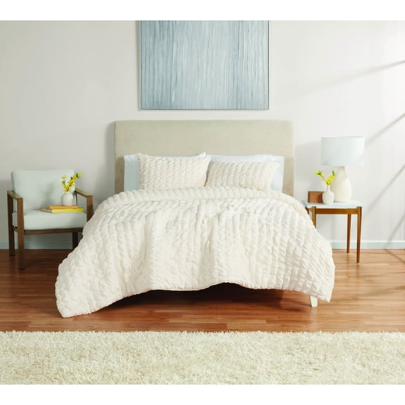Mainstays Full/Queen Comforter Set, All-Season, 3-Piece, Cream Puffy Seersucker