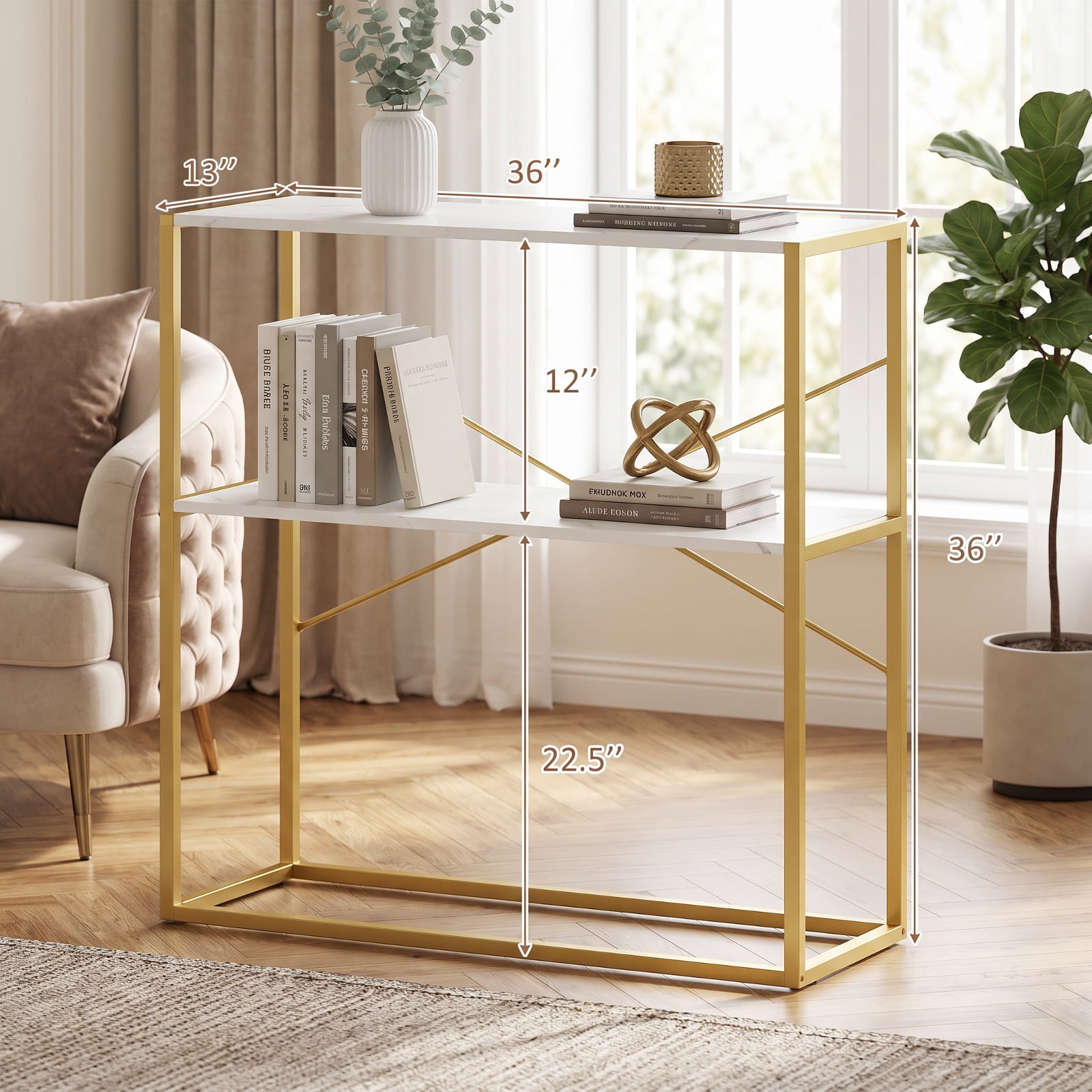 Furnibear 36 Inch 2-Tier Entryway Table with Wooden Open Shelves and X-Shaped Metal Frame for Narrow Hallway Living Room and Behind Sofa, White