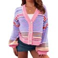 thumbnail image 4 of Long Sleeved Fall V-neck Colorful Striped Print Casual Knit Cardigan Coat, 4 of 6