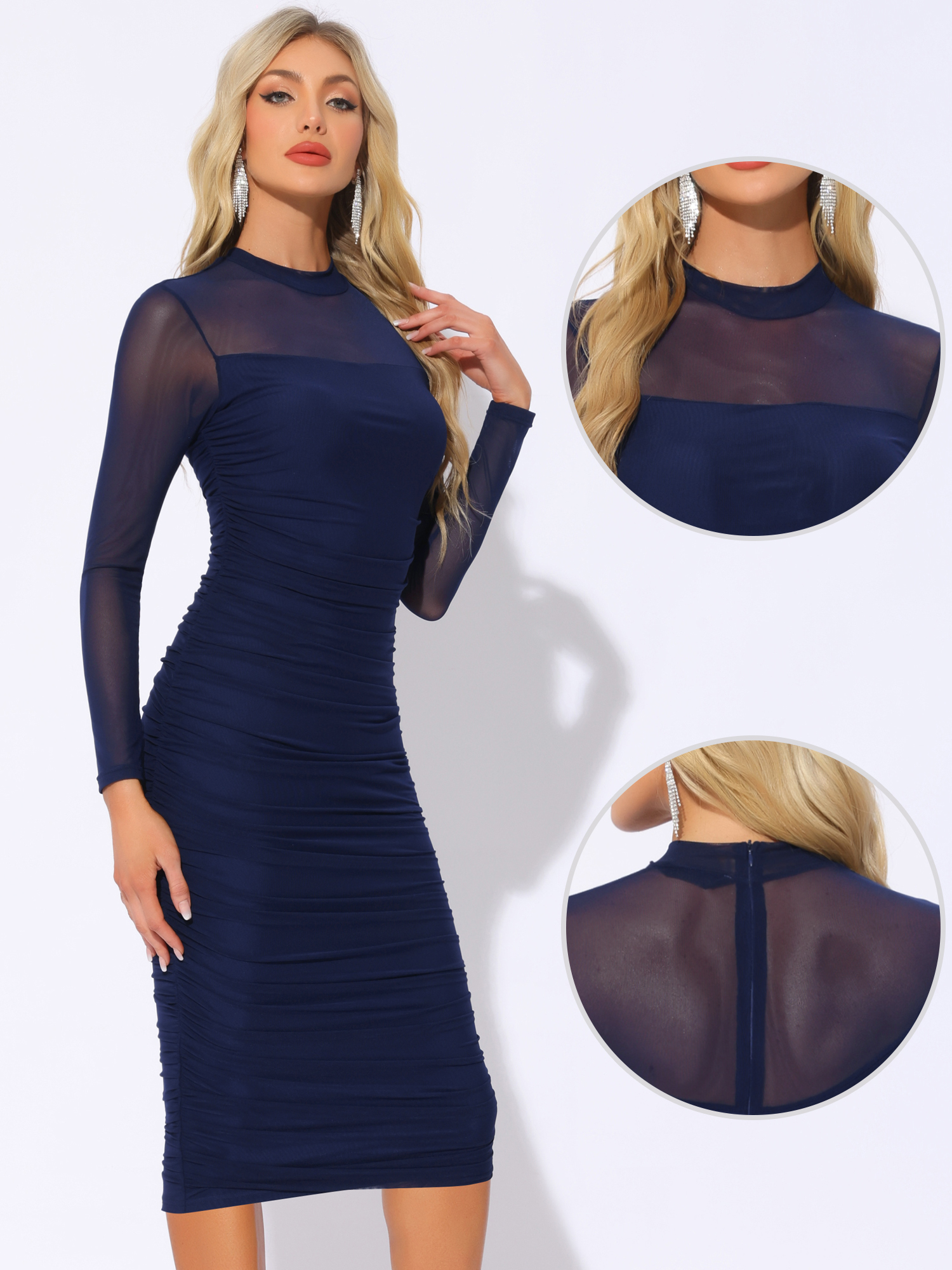 DARING DIVA Mesh Ruch Elegant Cocktail Bodycon Dress XL Navy Blue
