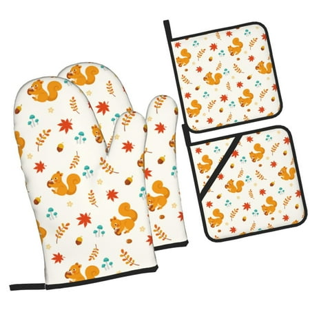 

Daiia Squirrel Maple Leaves And Nuts Pattern Oven Mitts and Pot Holders 4 pcs Set High Heat Resistant 500 Degree Extra Thicken Long Kitchen Cotton Oven Glove