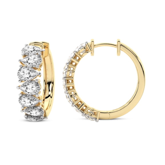 Lab Grown 5 Carat Pear Shape Eudora Hoop Earrings | IGI Certified 14K Yellow Gold Prong Setting | FG-VS Quality | Friendly Diamonds