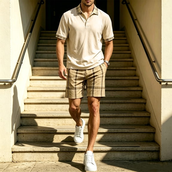 LEKWK 2 Piece Set for Men Plaid Short Sleeve Henley Collared Casual Tops and Elastic Waist Shorts Loose Fit Fashion Summer Beach Vacation Outfits