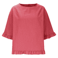 thumbnail image 5 of Women Summer Cotton Linen T Shirts Solid Cotton and Linen Ruffle Pleated Hem Tops Half Sleeve Round Neck Casual Shirt Comfortable Shirts, 5 of 5