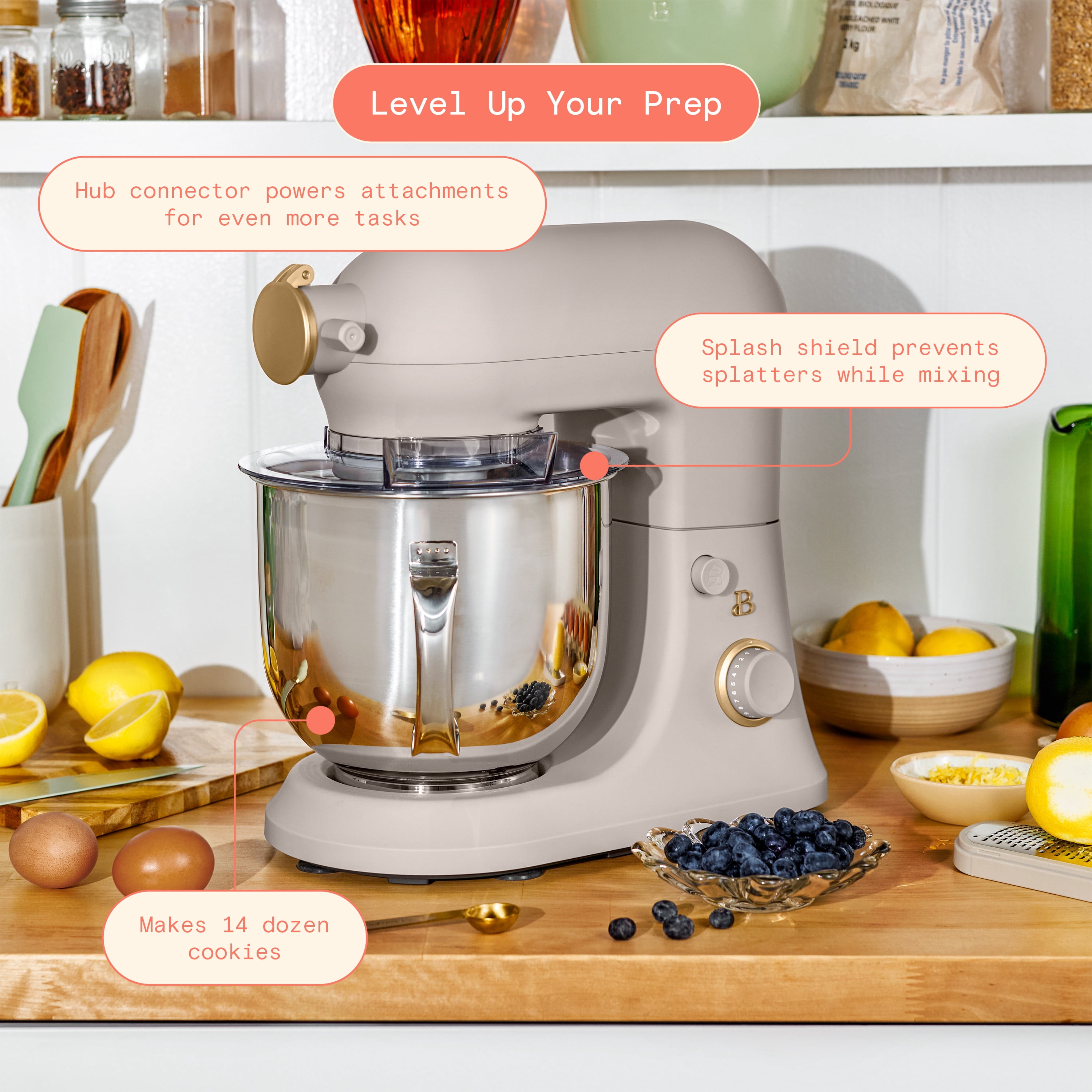 Beautiful 6 Qt Tilt-Head Stand Mixer with Dough Hook, Flat Beater, Balloon Whisk, Pastry Beater & Slicer/Shredder Set, Porcini Taupe by Drew Barrymore