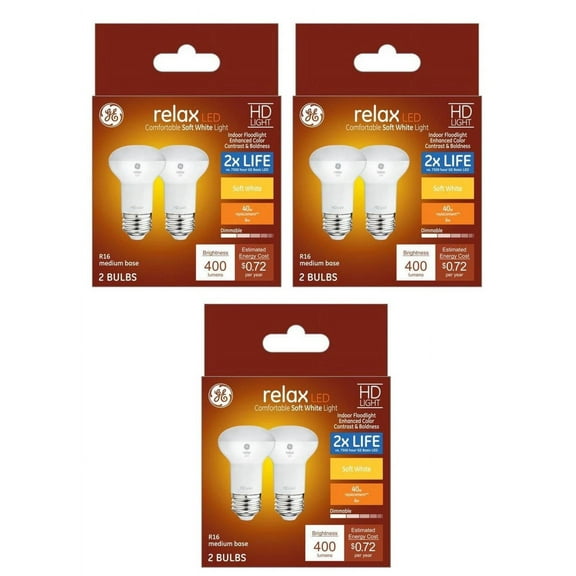 (6 bulbs) GE Relax LED R16, 6 watt, 400 lumen Dimmable, Soft White LED Light Bulb. high definition soft white light