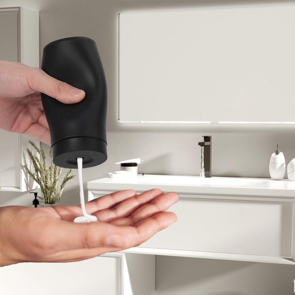 ABCISI Refillable Dish Washing Liquid Dispenser, Silicone Squeeze Dish Soap Bottle for Essential Oil Lotion Shampoo, Dishwashing Liquid Divided Container for Travel Kitchen Bathroom, (Black)