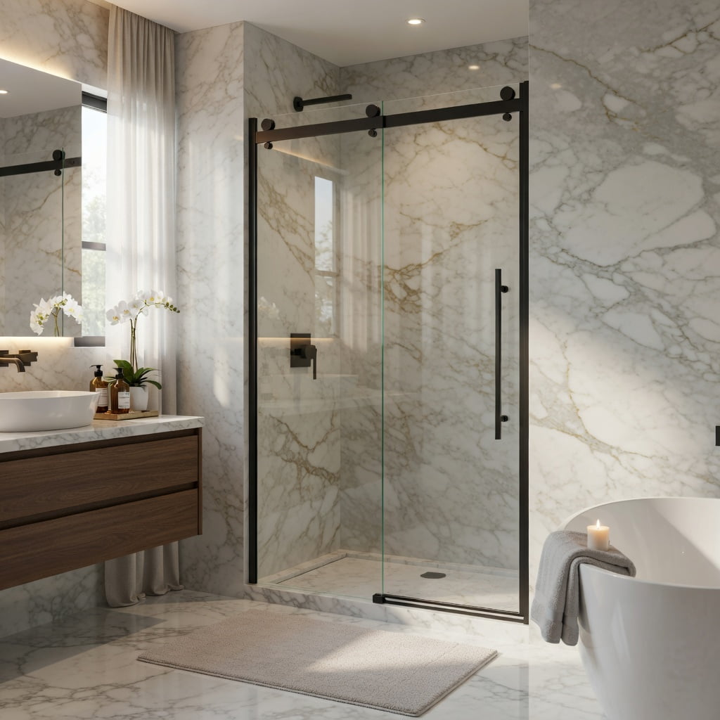 Hommoo 48" W x 72" H Frameless Single Sliding Shower Door, 1/4" Tempered Clear Glass, Aluminum Rail & Stainless Steel Handle, Adjustable Width (46.8–48"), Reversible Installation, Black & Transparent