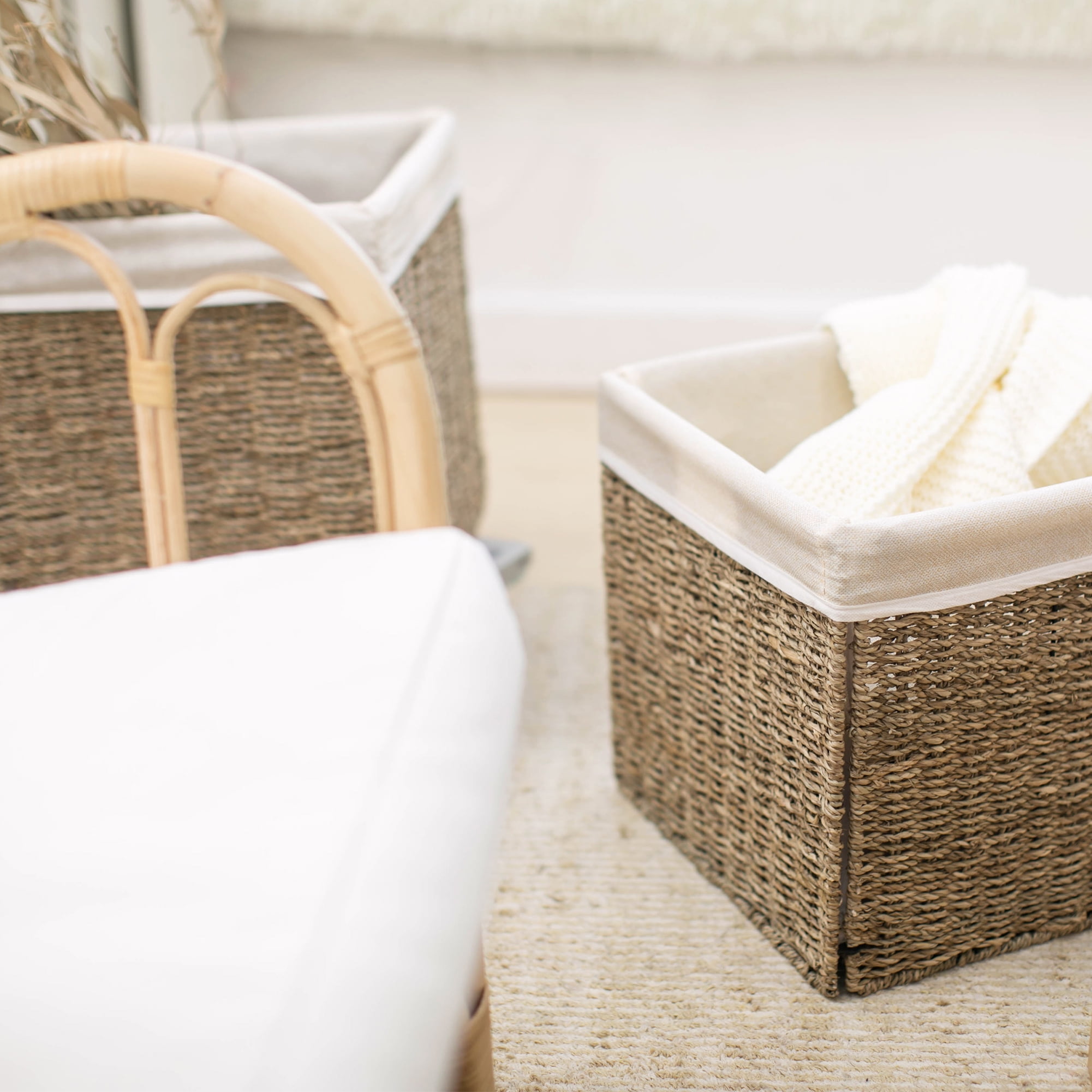 StorageWorks Natural Seagrass Storage Basket, Wicker Woven Storage Baskets with Liners, 2-Pack, Medium, 10.2"x10.2"x10.6