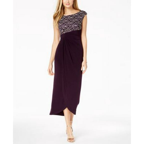 CONNECTED Womens Purple Glitter Lace Drape Side Gown 8