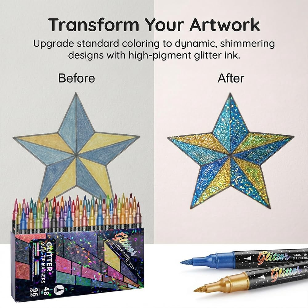 24/48/72/96 Colors Glitter Effect Brush Markers, 2026 New Glitter Dual Tip Markers, Professional Glitter Paint Pens Set for Adult Coloring Books, Journals, Card Making & DIY Crafts - 48 COLORS