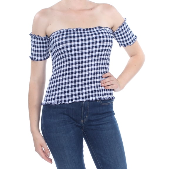 CRAVE FAME $24 Womens Blue Check Smocked Off Shoulder Crop Top L Juniors B B