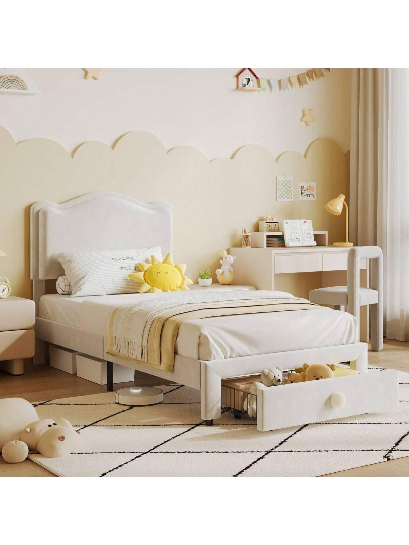 Twin Upholstered Bed Frame with Storage Drawer, Velvet Headboard, Princess Platform Bed, No Box Spring, White