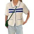 thumbnail image 2 of Womens Striped Short Sleeve Sweater Casual Knitted Button Down Crochet Cardigan Vintage Y2k Hollow-Out Tops, 2 of 6