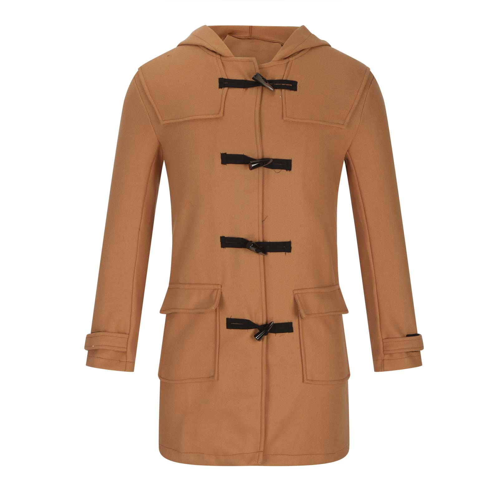 Olyvenn Deals Men Winter Casual Solid Mid-length Wool Overcoat With Horn  Buckles Windbreaker Hooded Coat Trendy Anoraks Windproof Trench Coat Gold  16 