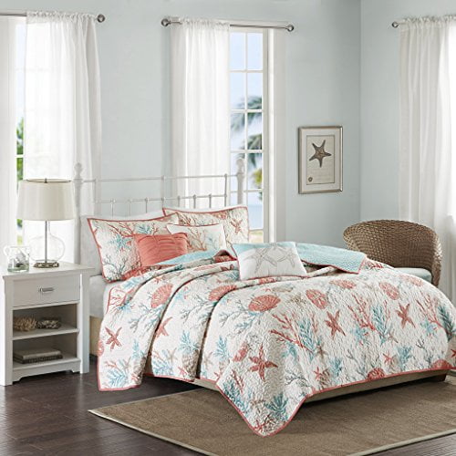 Madison Park - Pebble Beach 6 Piece Quilted Cotton Coverlet Set - Coral & Teal - Full/Queen - Coastal Theme - Includes 1 Coverlet, 2 Shams, 3 Decorative Pillows