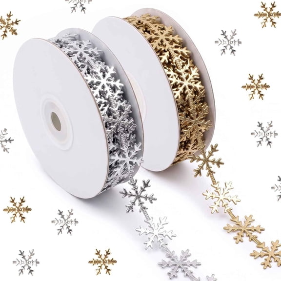 2 Rolls Christmas Snowflake Ribbon TrimGold Silver Garland for Wreath Decor 10 Yards/Roll