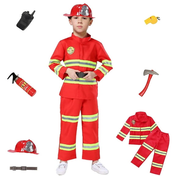 NimJoy Kids Fireman Costume Dress-up Set Pretend Role Play Firefighter Realistic Outfit Kit Preshool Toy for Boys 3-6 Years Toddler Birthday Christmas Present, 8Pcs Red
