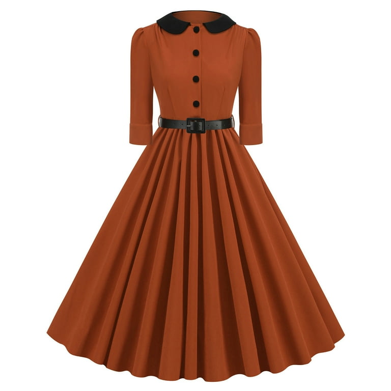 Antinious Fashion Casual Elegant Dresses for Women Long Sleeve Solid Color  Buttoned Waist Tie Slim Frock Dress,Fall Winter Savings!Birthday Dresses  for Women,Women Party Dress,Brown,XXL - Walmart.com
