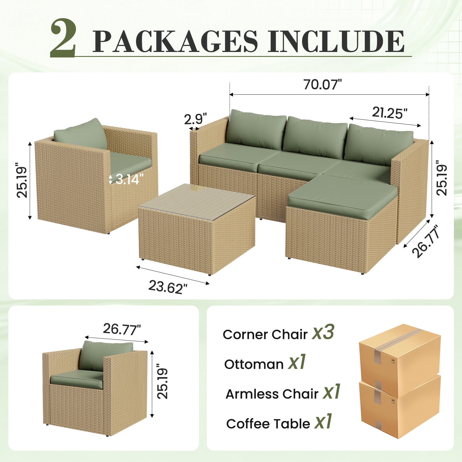 AMOPATIO 6-Piece Patio Furniture Set, Outdoor Patio Sectional Furniture All-Weather Rattan Wicker Patio Conversation Set Outdoor Furniture for Backyard Balcony,Green