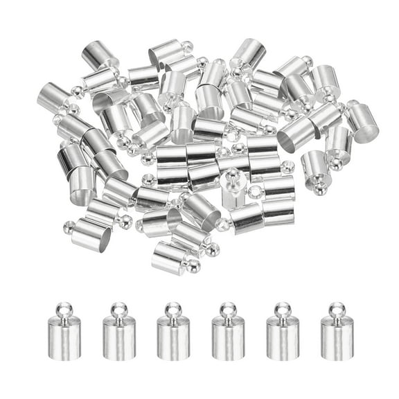Uxcell 50-Pack Tassel Cord End Caps, 6mm ID Copper Glue in Leather Barrel Kumihimo End Tip Bead Caps Cord Terminators [Silver Tone]