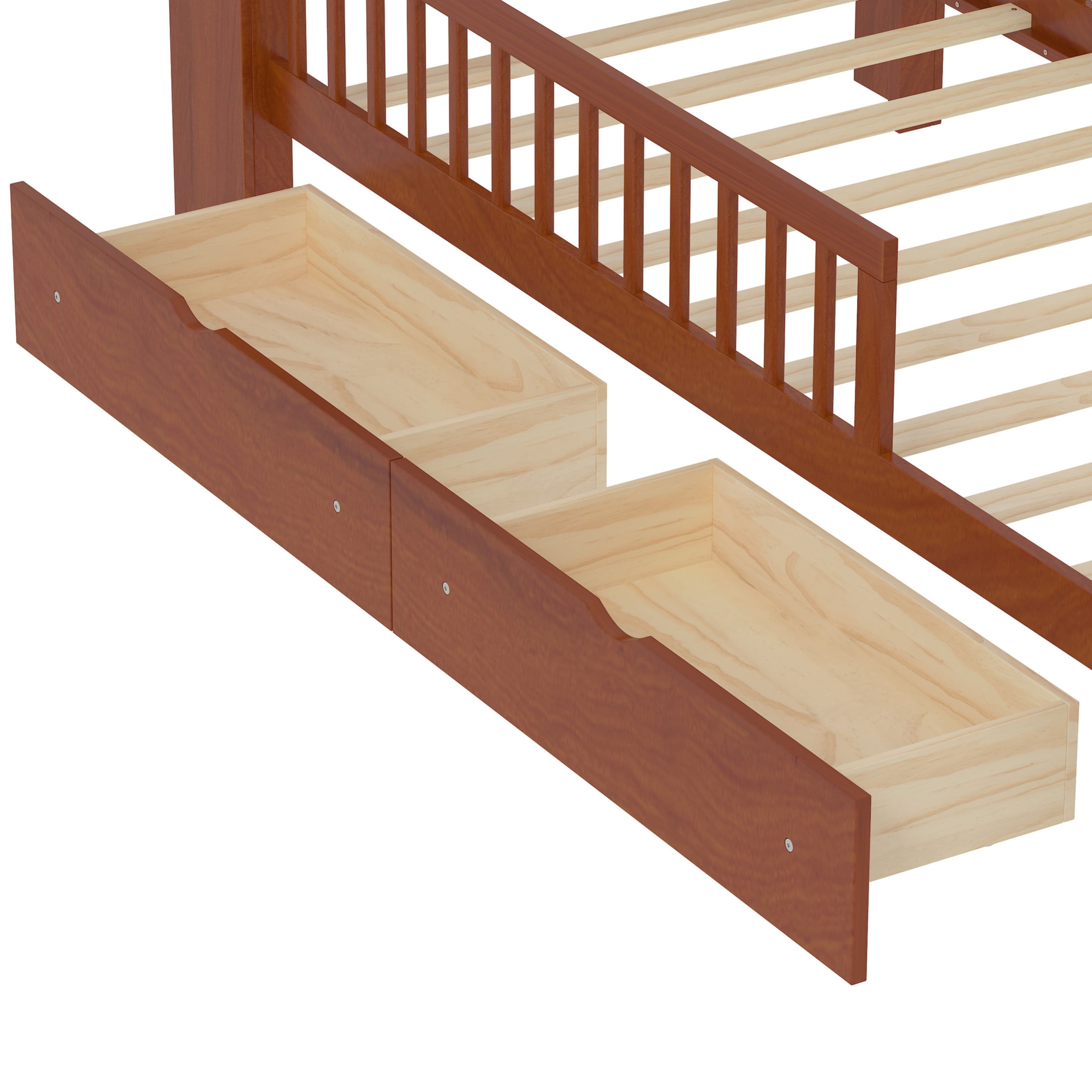 Noble House Twin Bed Frame with Headboard Storage Rack, 2 Drawers, and Safety Guardrails, Walnut