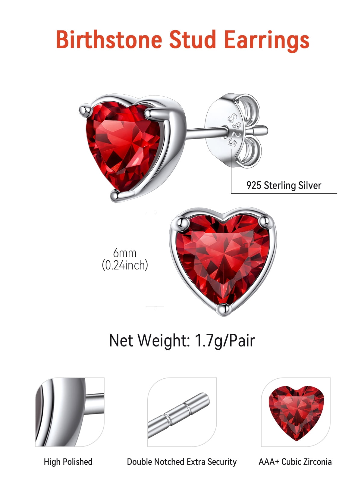 FaithHeart January Birthstone Heart Stud Earrings for Women 925 Sterling Silver Red Earrings Daughter Birthday Christmas Hypoallergenic Jewelry with Gift Box