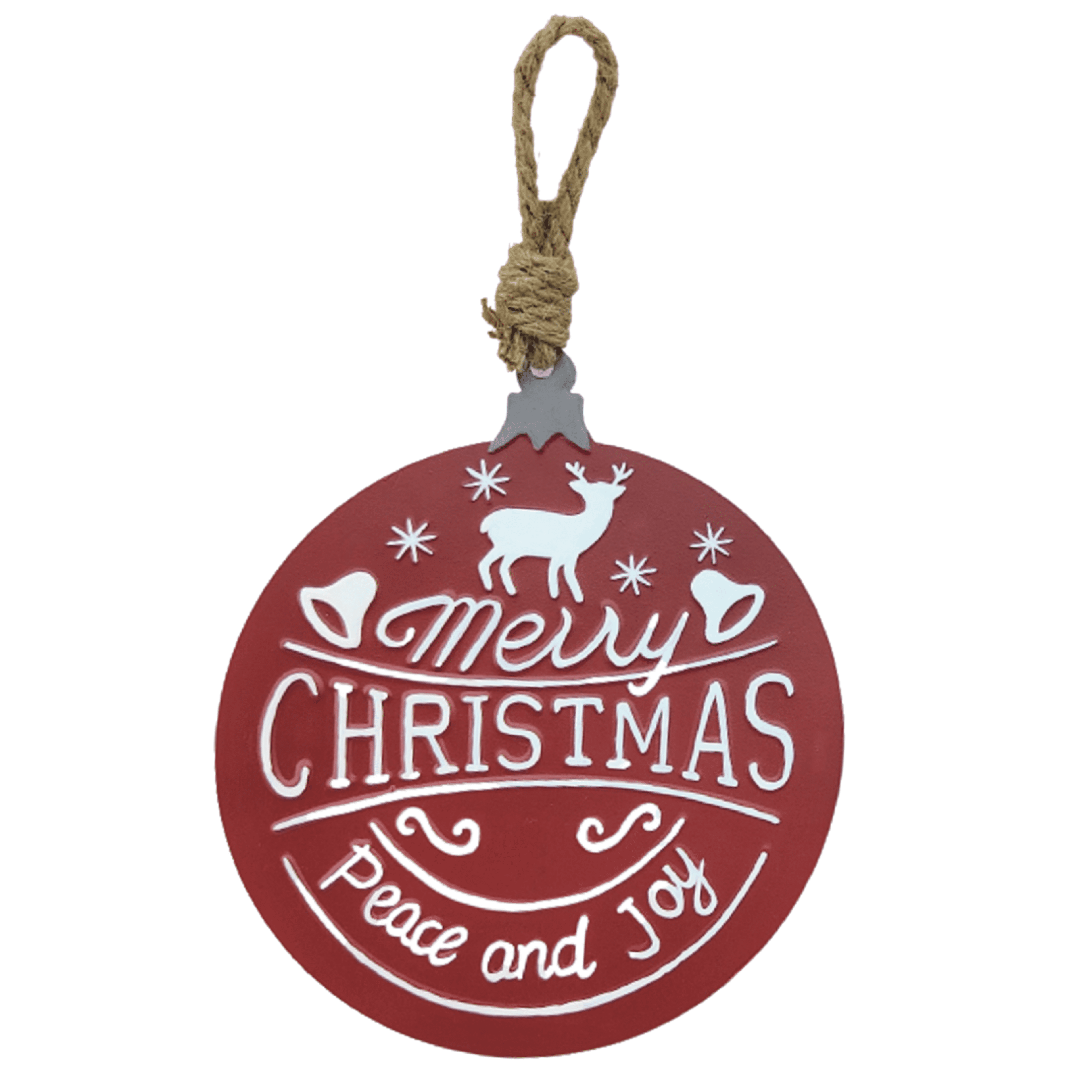 Holiday Time Red Christmas Metal Ornament. Holly Holiday Theme. Red & White Color. Round Metal Slice Ornament