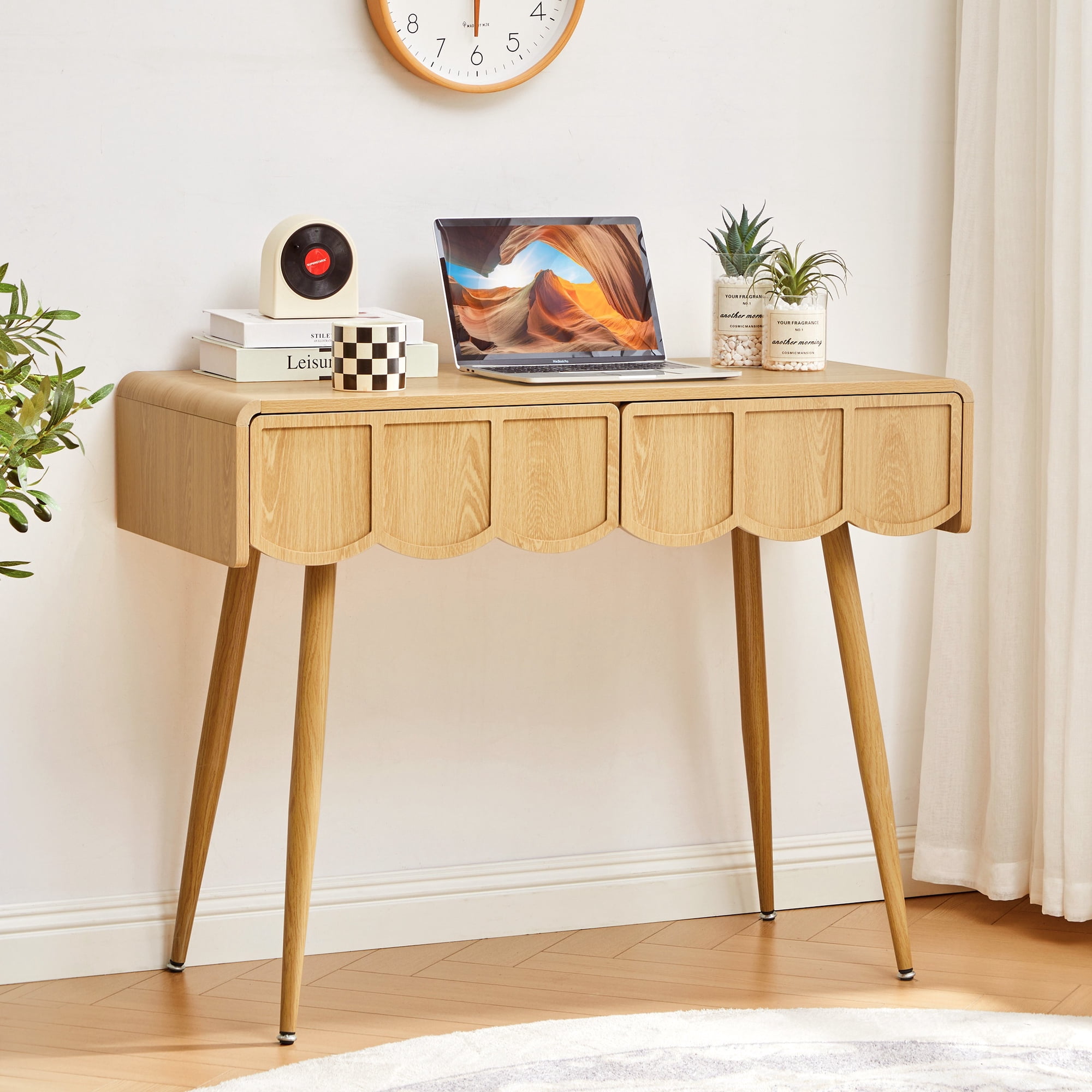 WIRRYTOR 39" Mid-Century Modern Home Office Writing Desk with 2 Scalloped Drawers, Small Computer Desk Vanity Table with Curved Edges, Natural