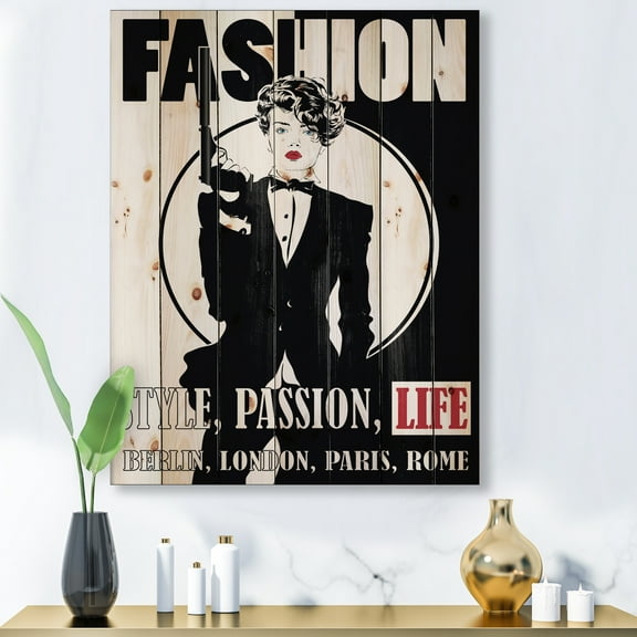 Designart 'Style Passion Life Fashion Woman II' Vintage Print on Natural Pine Wood