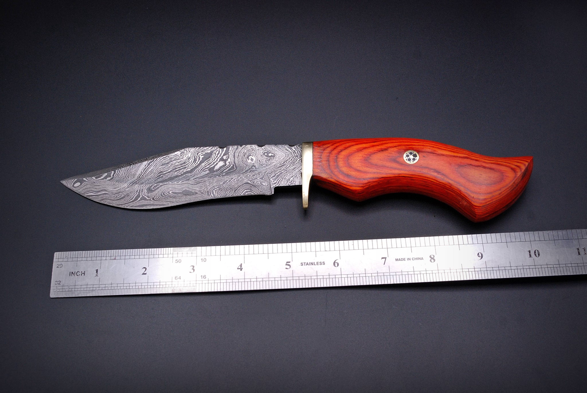 Custom Hand Made Forged Damascus Hunting Knife Pure Leather Sheath & Brass Guard with Stained Wood Handle