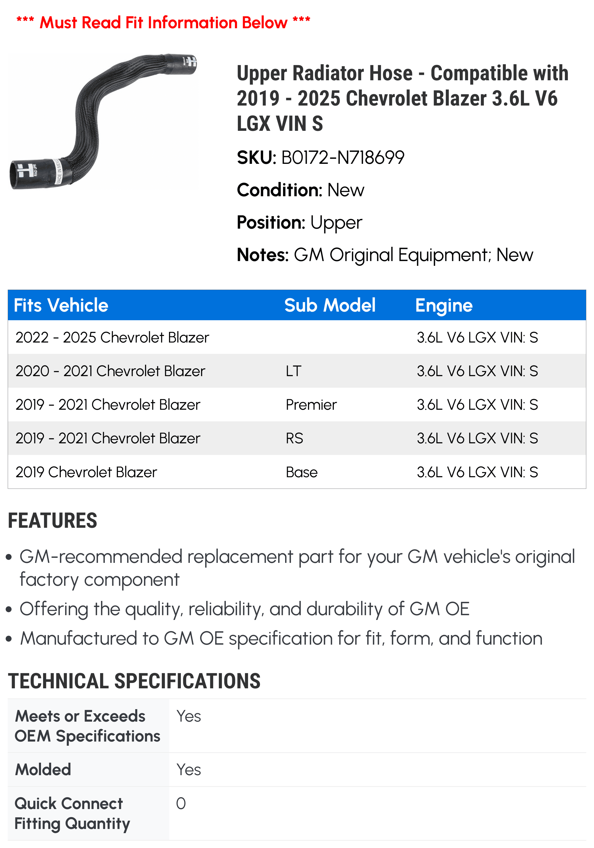 Upper Radiator Hose - Compatible with 2019 - 2025 Chevy Blazer 3.6L V6 LGX VIN S 2020 2021 2022 2023 2024